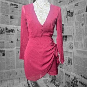 Superdown Burgundy Metallic Wrap Mini Dress S Long Sleeve Party DateNight Outfit